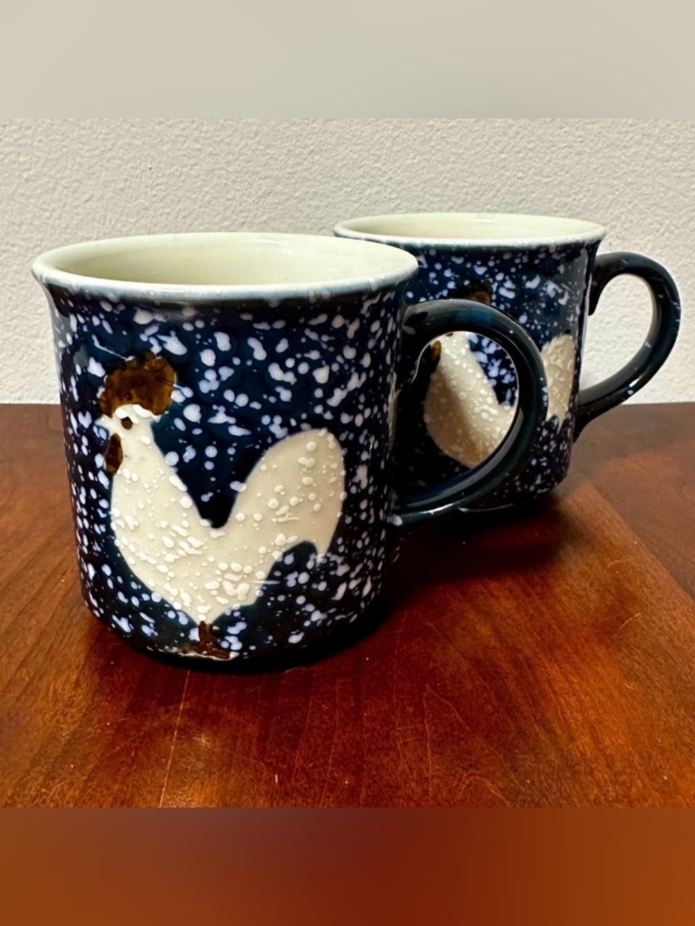 Vintage Navy Blue Speckled Rooster Mugs Set of Two Cottagecore Farmhouse